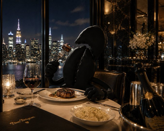 Rubenhood mascot dining on steak and champagne over the NYC skyline